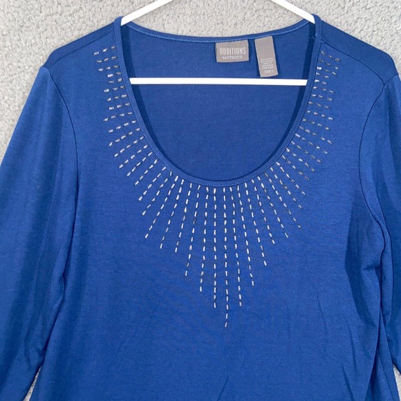 Additions by Chico's Blouse Womens 1 Blue 3/4 Sleeve Pullover Scoop Neck Beaded - Picture 3 of 14